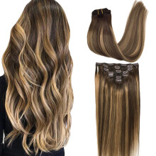 GOO GOO Clip in Hair Extensions Real Human Hair, Remy Human Hair Extensions Clip ins for Women, Natural Human Hair, 24inch 120g 7Pcs, 4/27/4 Balayage