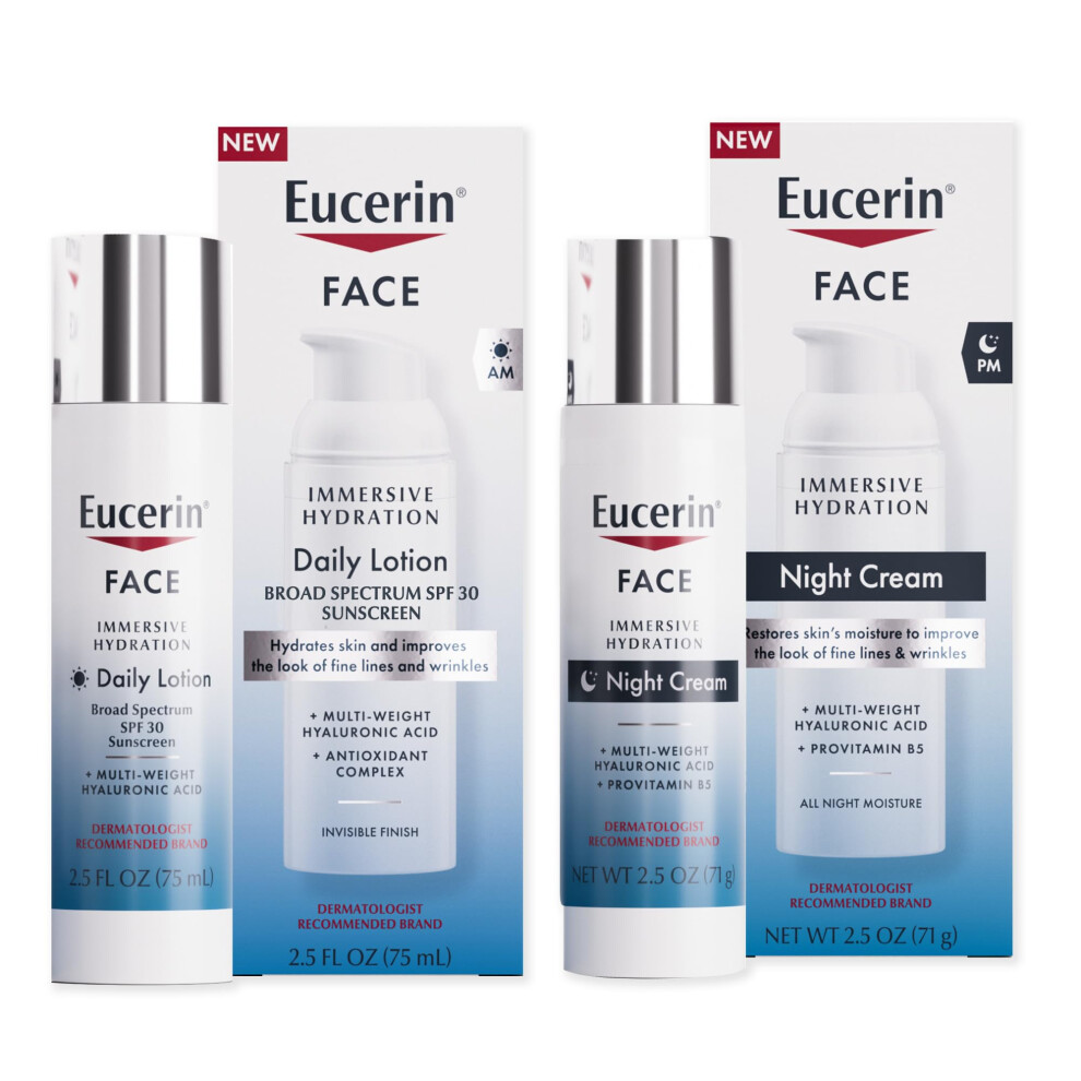 Eucerin Face Immersive Hydration Skin Care Set  Daily Face Lotion with SPF 30  2.5 Fl Oz Bottle + Night Cream with Hyaluronic Acid  2.5 Oz Bottle