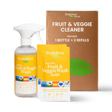 Truly Free Natural Fruit and Veggie Wash Kit - Produce Cleaner Spray (16oz Reusable Empty Bottle + Two Pouches 3oz ea.) - DIY Vegetable Washer &