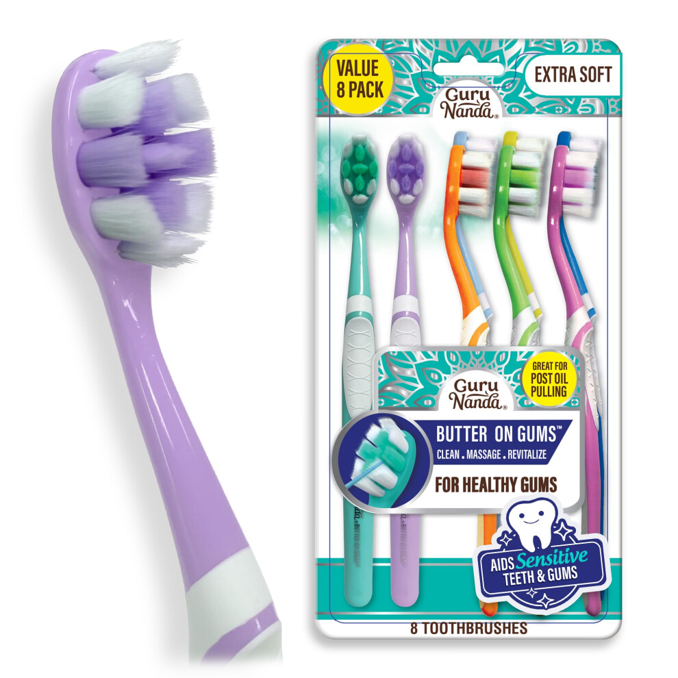GuruNanda Butter on Gums Toothbrush with Extra Soft Bristles for Sensitive Gums Soft Toothbrush for Kids & Adults 8 ct