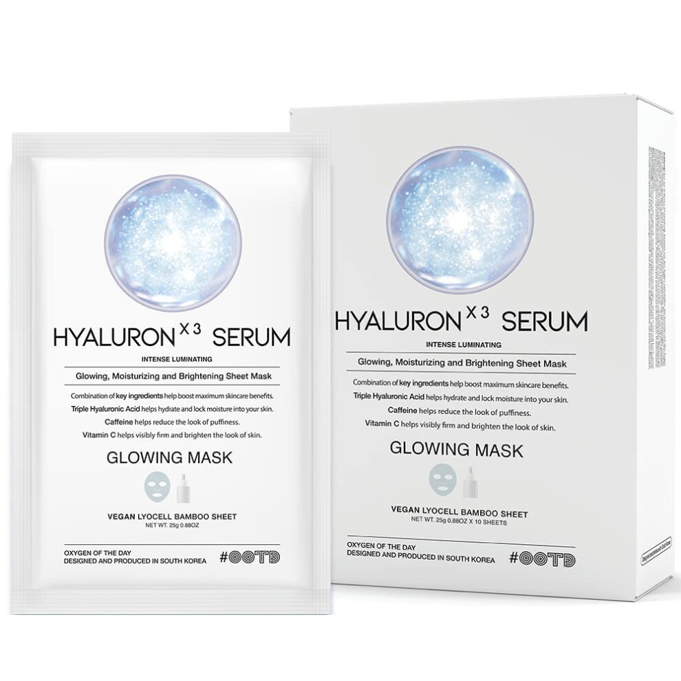 #Ootd Glowing Hyaluron Serum Vegan Sheet Mask [10 Count] Hydrating Korean Facial Mask Sheets With Triple Hyaluronic Acid Caffeine Vitamin C For