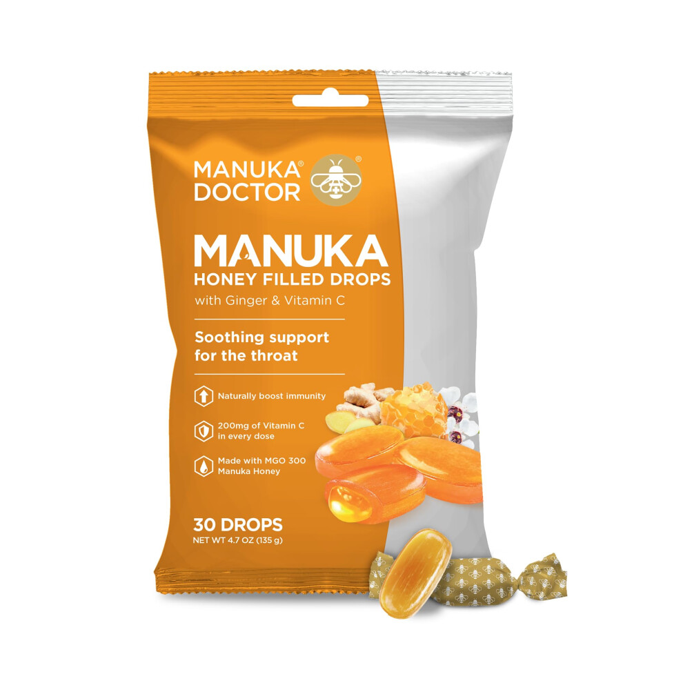 Docteur De Manuka Manuka Doctor Cough Drops Manuka Middles 30 Drops (Pack Of 1) Bag Throat Lozenges Infused With Raw Manuka Honey Vitamin C & Ginger For Immune