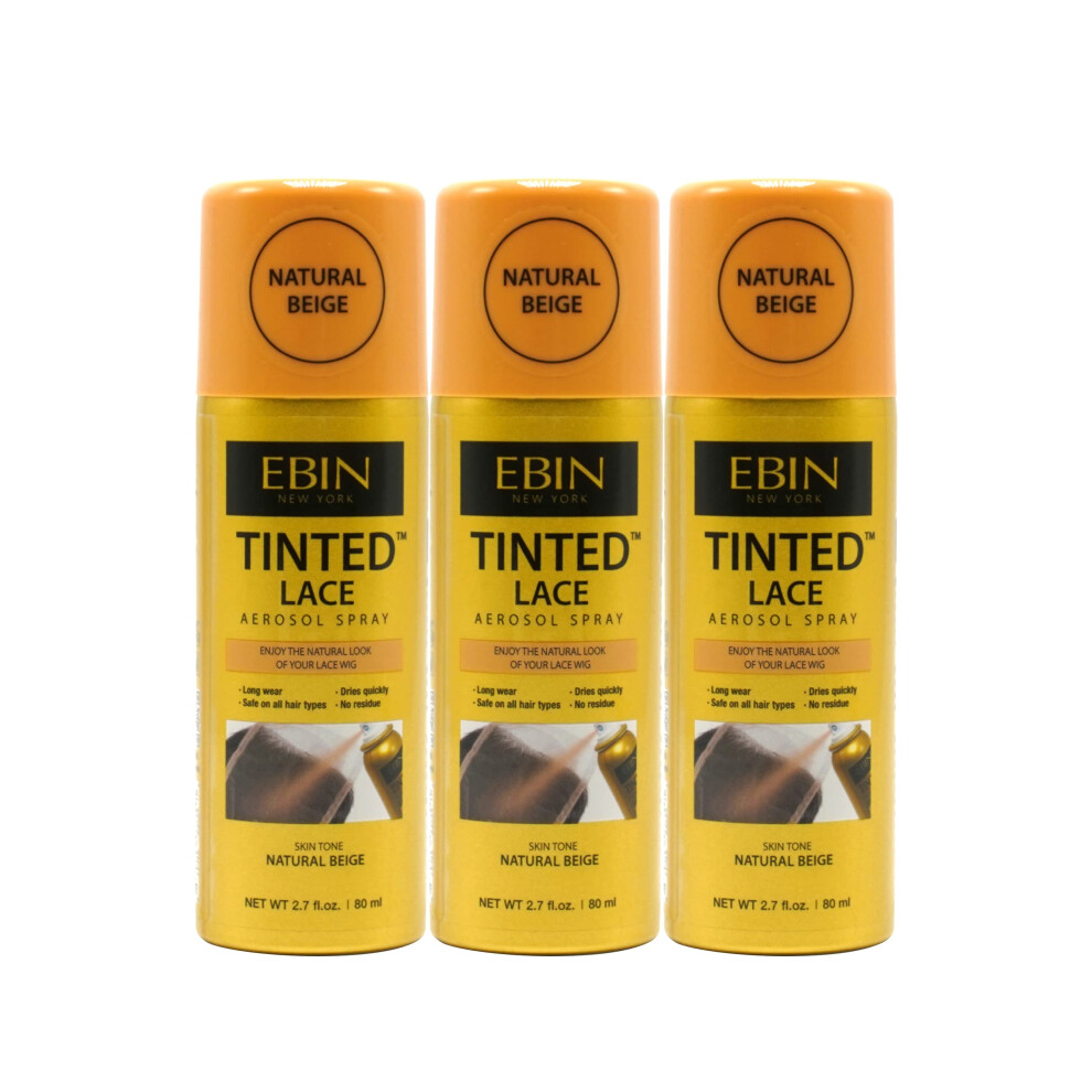 Ebin New York Beige Tinted Lace Aerosol Spray 3Pack - Natural 2.7 Oz/ 80 Ml | Quick Dry Water-Resistant No Residue Even Spray Matching Skin T