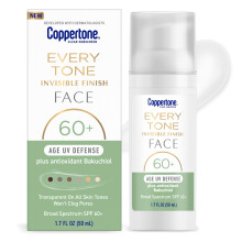 Coppertone Every Tone Invisible Finish Age UV Defense Face Sunscreen SPF 60+ with Bakuchiol, Lightweight, Blends in Clear Sunscreen for All Skin Tones
