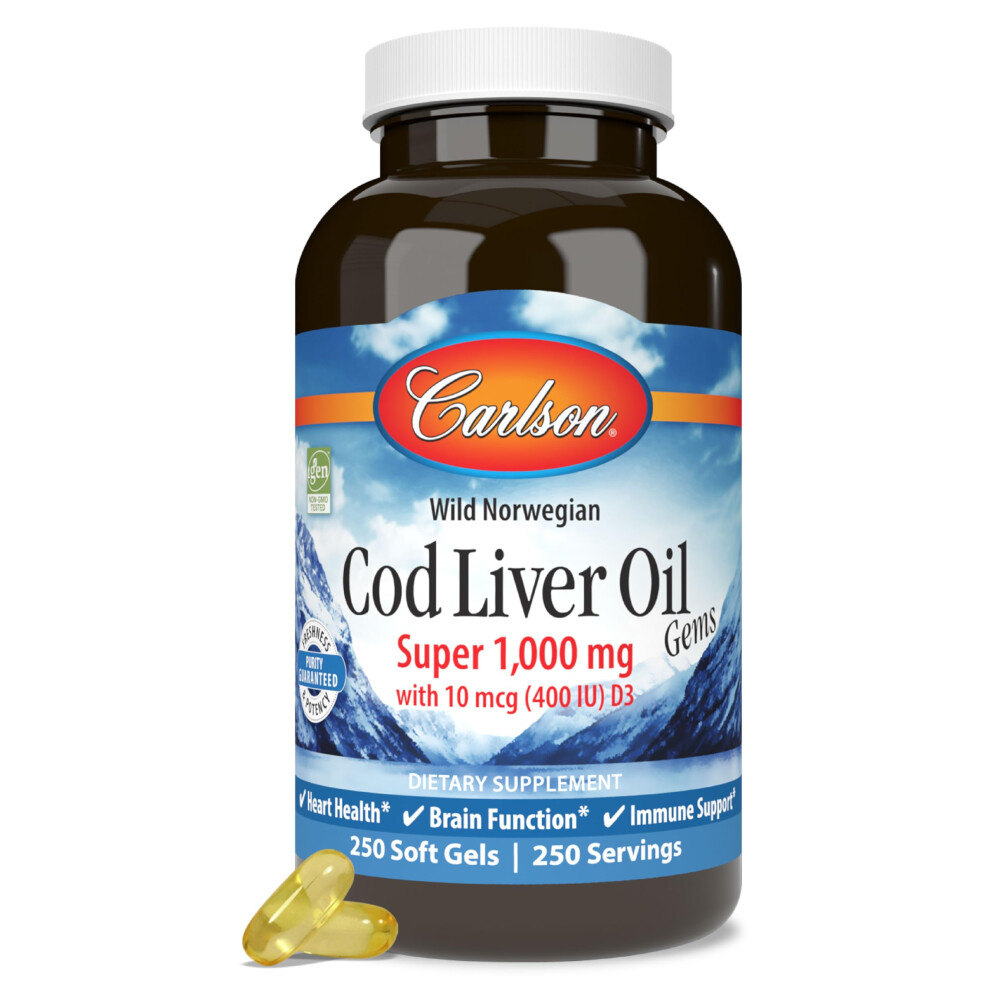 Photos - Vitamins & Minerals Carlson Labs Carlson - Cod Liver Oil Gems, Super 1000 mg, 250 mg Omega-3s, 400 IU  Vitamin D3, Wild Caught Norwegian Arctic Cod L (10 mcg)