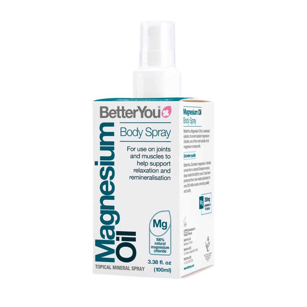 Betteryou Magnesium Oil Body Spray - Pure Magnesium Chloride Muscle And Joint Spray - Relaxing Topical Magnesium Source - For All Ages - 3.38 Oz