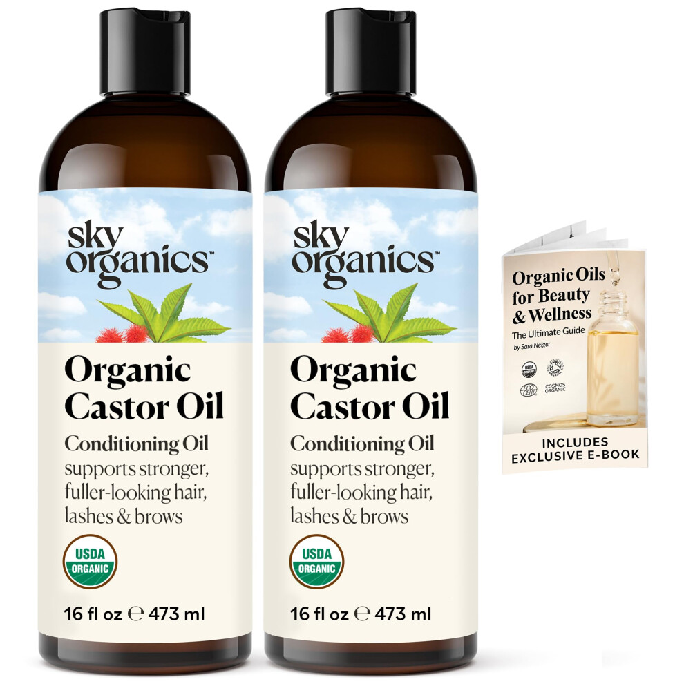 Sky Organics Castor Oil (2X16oz) Usda Organic Cold-Pressed Unrefined100% Pure Hexane-Free Castor Oil Conditioning & Healing For Dry Skin Hair Gr