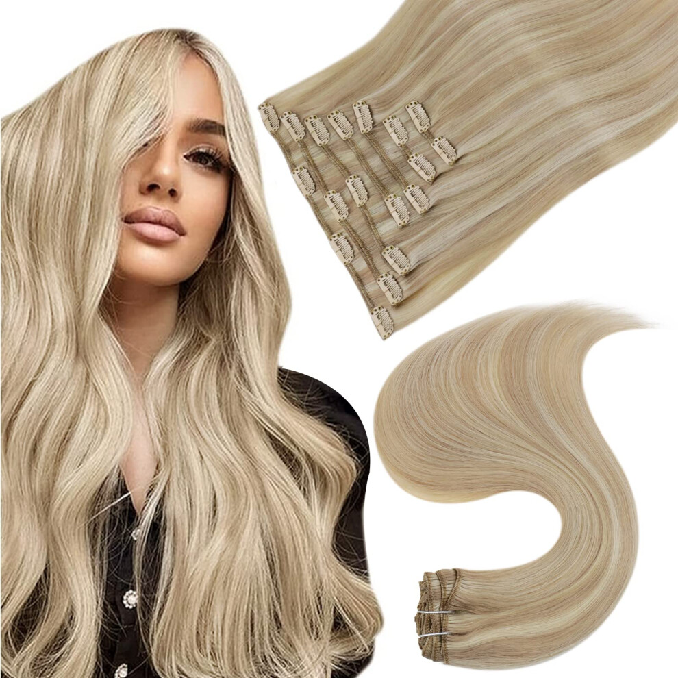 Easyouth Unisex Clip In Hair Extensions Real Human Hair Ash Blonde Highlighted Remy Human Hair Clip In Extensions Ash Blonde Highlights Bleach Blonde Cl