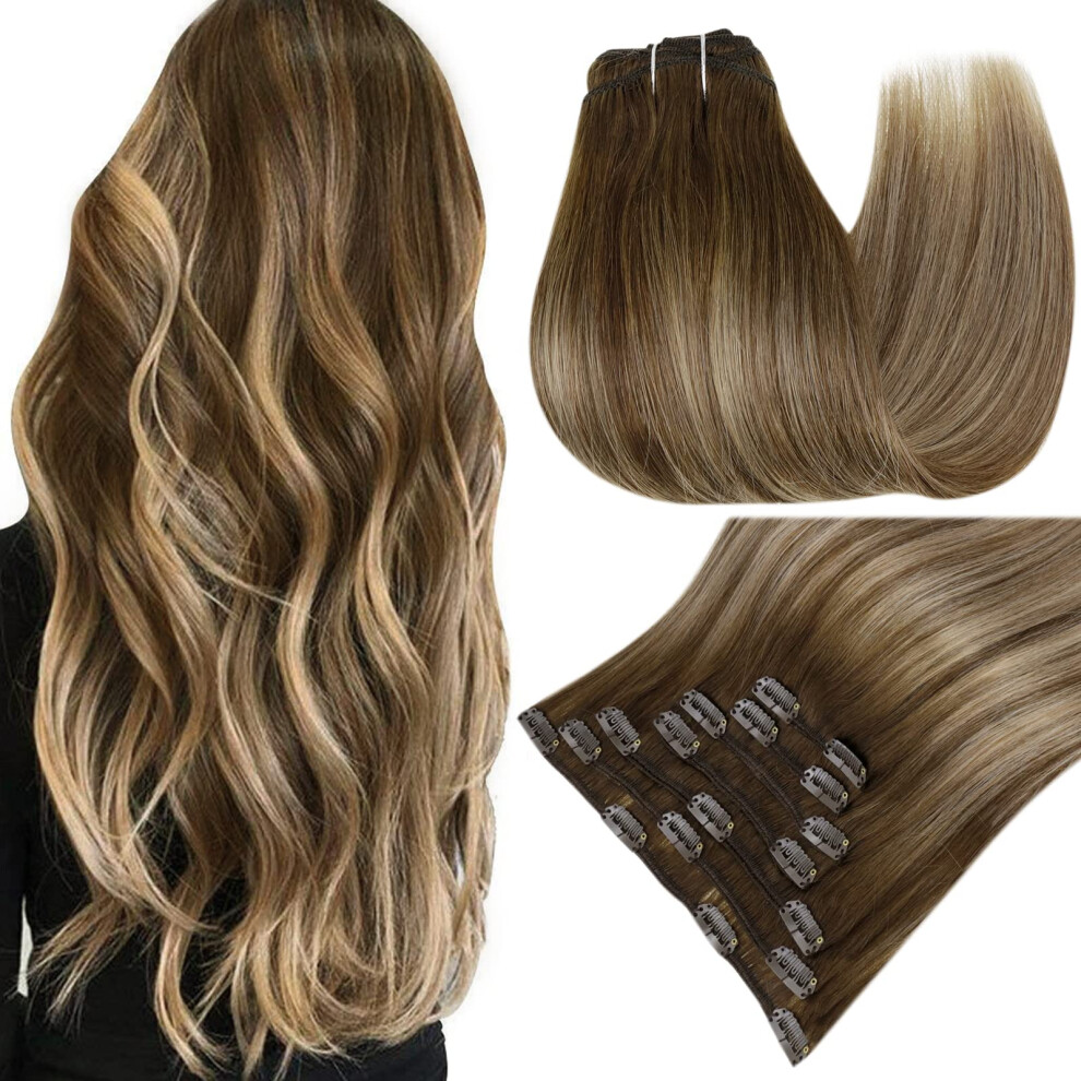 Easyouth Unisex Brown Clip In Hair Extensions Real Human Hair Balayage Remy Hair Extensions Clip In Double Weft Dark To Caramel Blonde Mix Hair Ex
