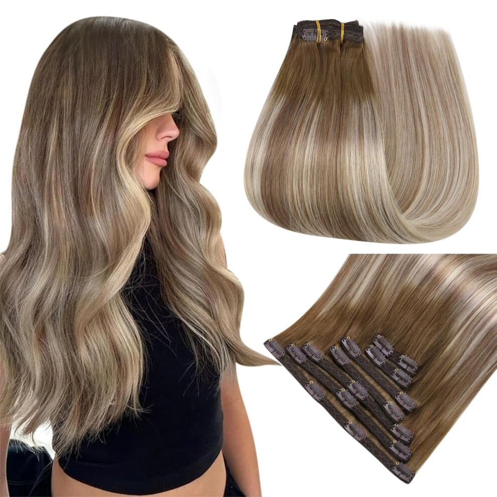 Easyouth Clip In Hair Extensions Human Hair Balayage Clip In Extensions Dark Brown Fading To Ash Brown Highlighted Blonde Human Hair Extensions C