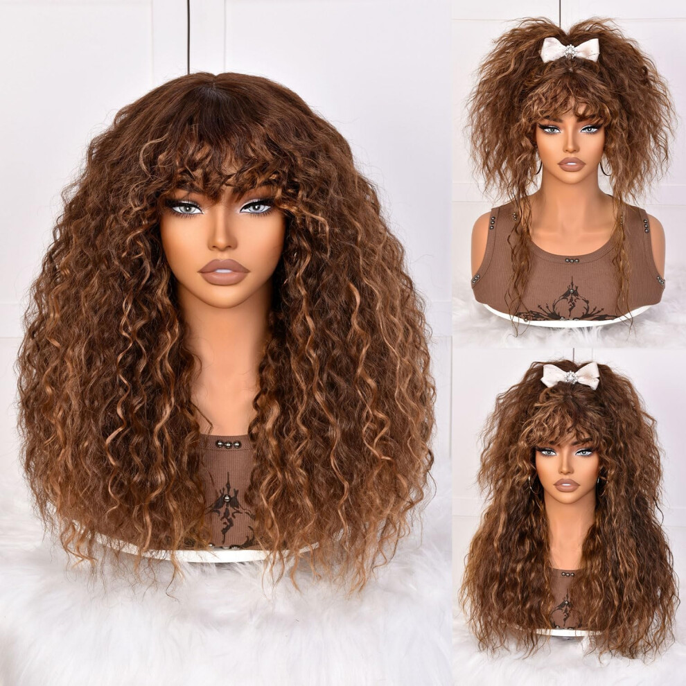 Sofun Unisex Black,Brown Brown Highlight Curly Wig With Bangs For Black Women Long Curly Human Hair Glueless Wig For Daily Realistic Look With True Scalp