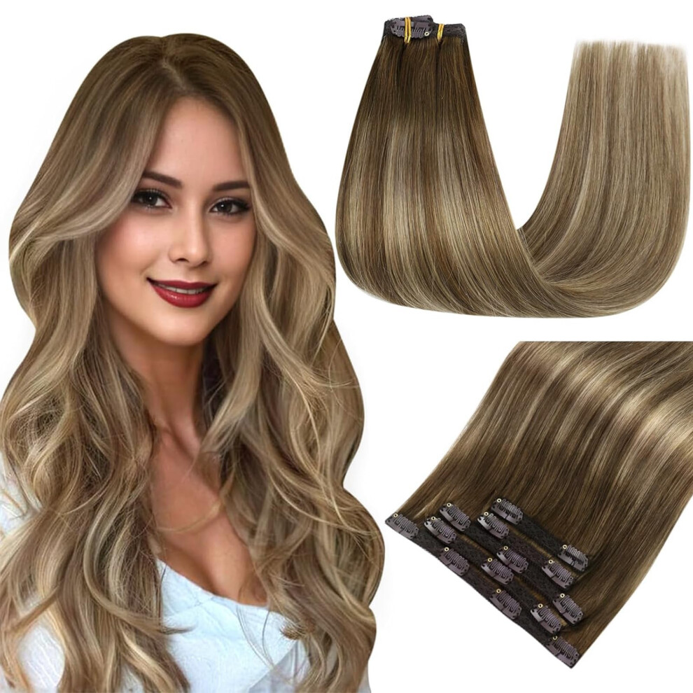 Easyouth Unisex Brown Clip In Hair Extensions Real Human Hair Balayage Clip In Extensions Medium Fading To Honey Blonde Mixed Medium Clip In Hair Exten