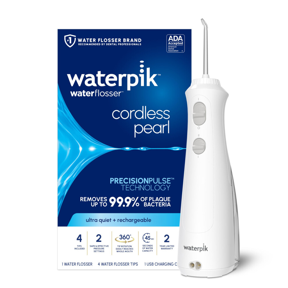 Waterpik Cordless Pearl Rechargeable Portable Water Flosser for Teeth Gums Braces Care and Travel with 4 Flossing Tips - ADA Accepted WF-13 Wh