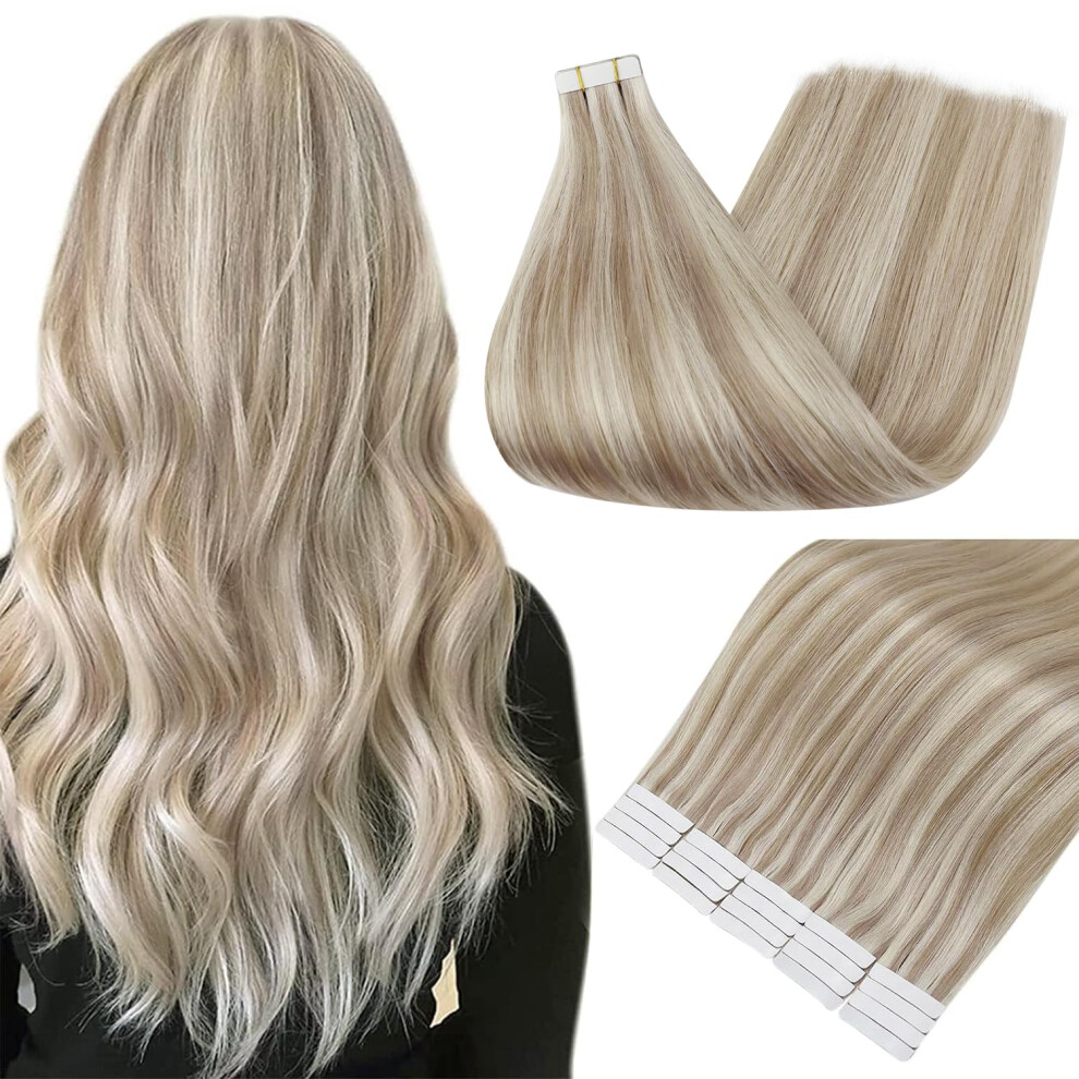 Fshine Full Shine Tape In Hair Extensions Human Hair 20 Inch Remy Human Hair Tape In Extensions Highlighted Color 18 Ash Blonde And 613 Light Blonde Hair Ext