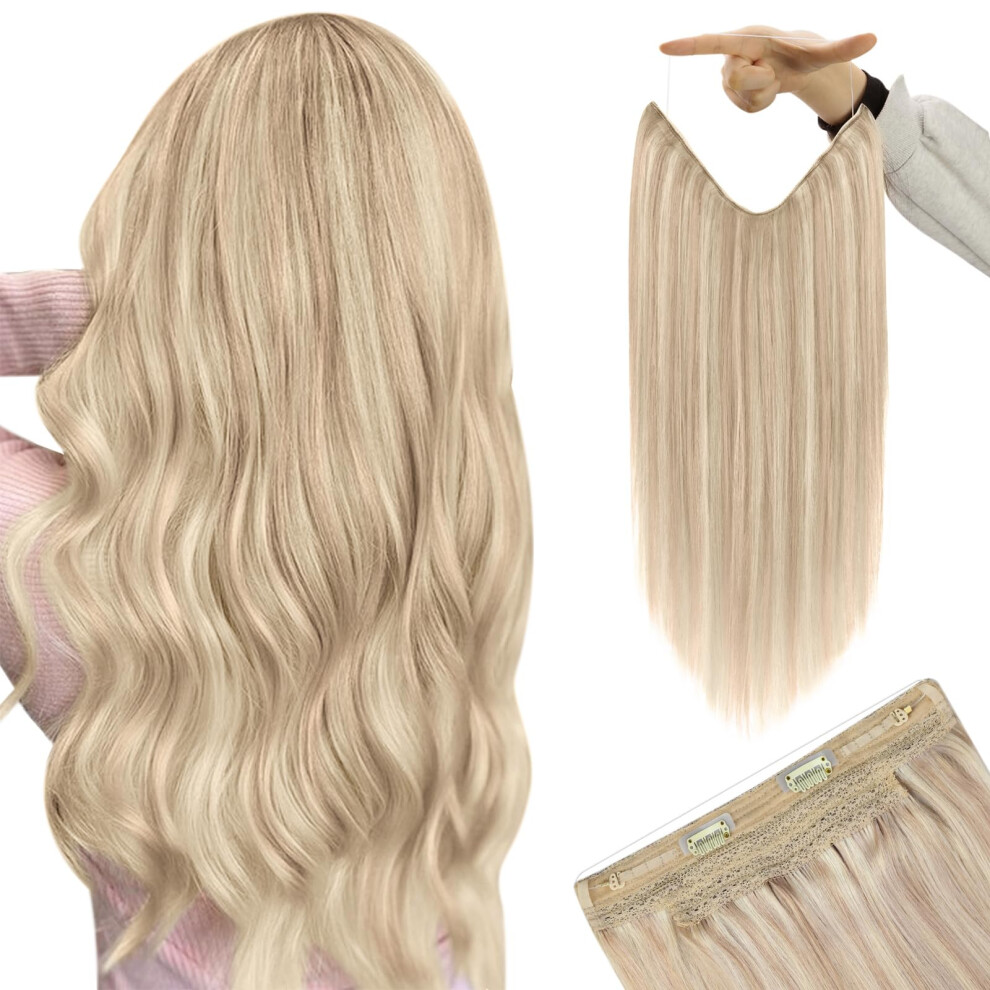 Youngsee Unisex Wire Real Hair Extensions Blonde Highlight Layered Fish Line Human Hair Extensions Ash Blonde Highlights Bleach Blonde Soft Wire Hair Ex