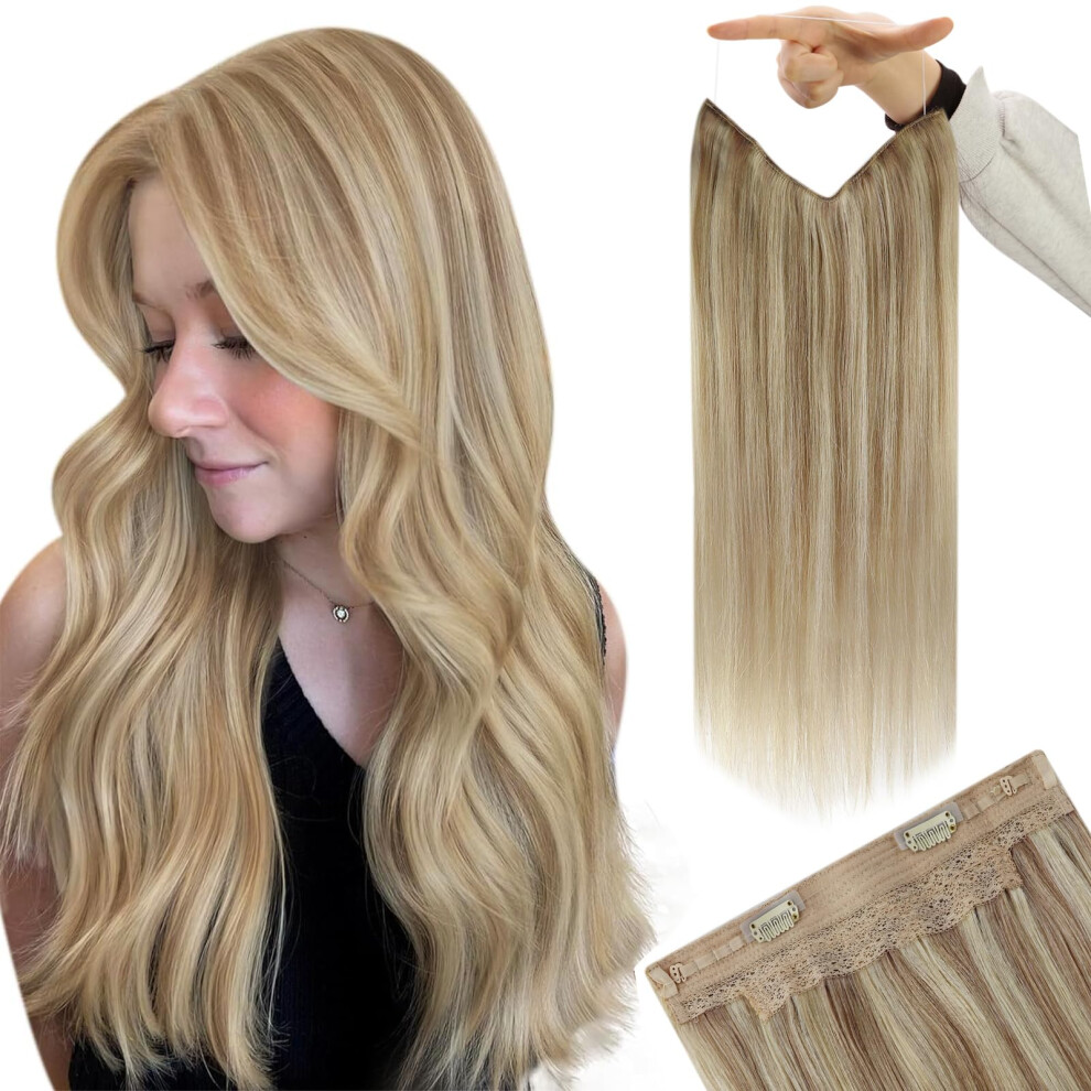 Youngsee Unisex Dark/Golden Wire Hair Extensions Highlight Fish Line Hair Extensions Ash Blonde Mix Blonde Invisible Wire Hair Extensions Real Human Hai