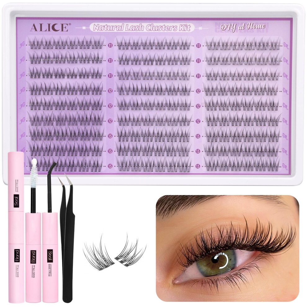 Alice Natural Lash Clusters Kit Clear Band Wispy Lash Extension Kit Cluster Eyelash Extension Kit 162Pcs C Curl 11-13Mm Individual Lashes With La