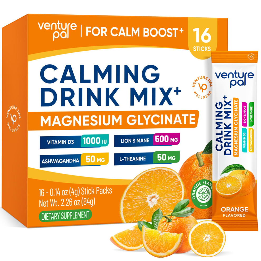 Venture Pal Magnesium Glycinate Powdered Calming Drink Mix With Ashwagandha Vitamin D L-Theanine Lions Mane Sugar Free Magnesium Supplement B