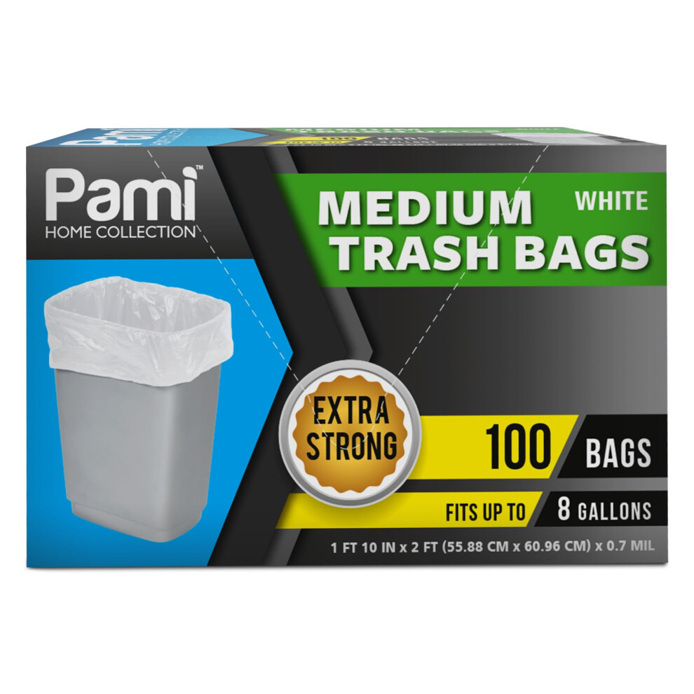 PAMI Medium 8-Gallon Trash Bags 100-Pack White - Strong Multipurpose Plastic Wastebasket - Unscented Can Liners For Kitchen Bathroom Office-Garb