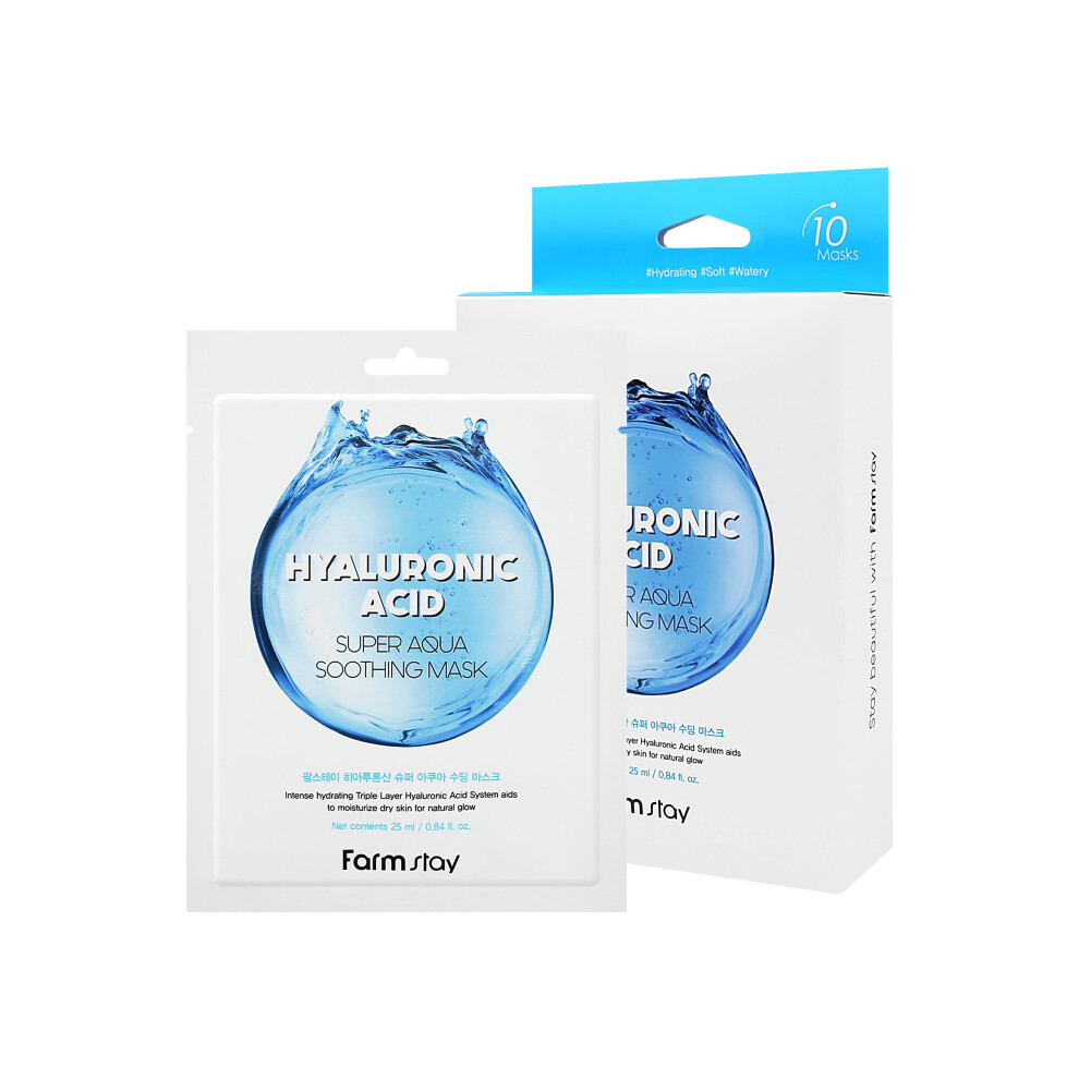 Farmstay Hyaluronic Acid Super Aqua Soothing Mask - Deep Hydration & Skin Calming Sheet Mask With Hyaluronic Acid - Moisturizing Care For All Ski