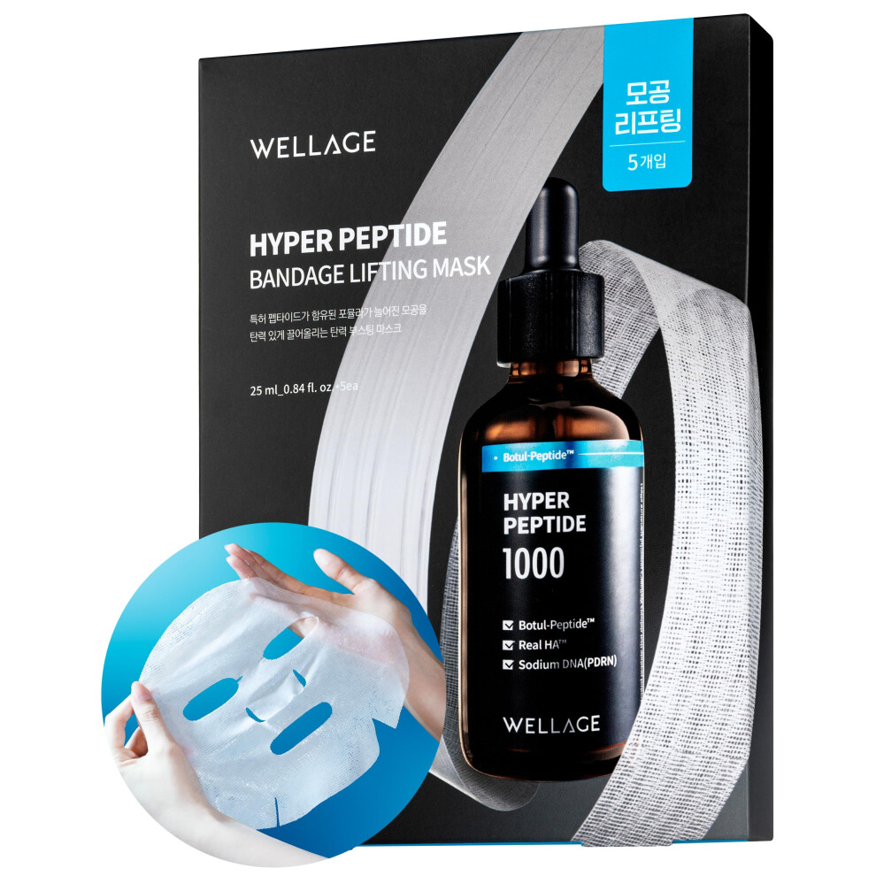 Wellage Hyper Peptide Bandage Lifting Mask - Pore Lifting & Elasticity Mask Sheet With Peptides Pdrn And Hyaluronic Acid- Pure Cotton Gauze Shee