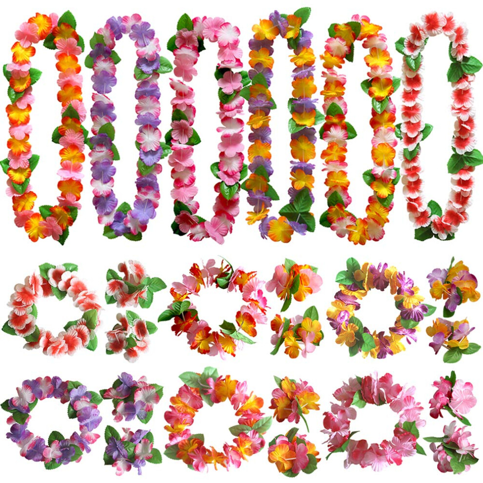Cbluo Unisex Hawaiian Leis Flower Headband Wristbands Tropical Hawaii Luau Leaf Necklace Bracelets Hair Hoops Wreath Women Headpiece Hair Bands Cosplay Costum