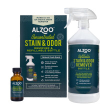 ALZOO Koncentreret plet- og lugtfjerner bundt flaskest Indeholder 32 Fl. Oz genopfyldelig flaske & 1,1 Oz. Koncentreret plet- og lugtfjerner 100
