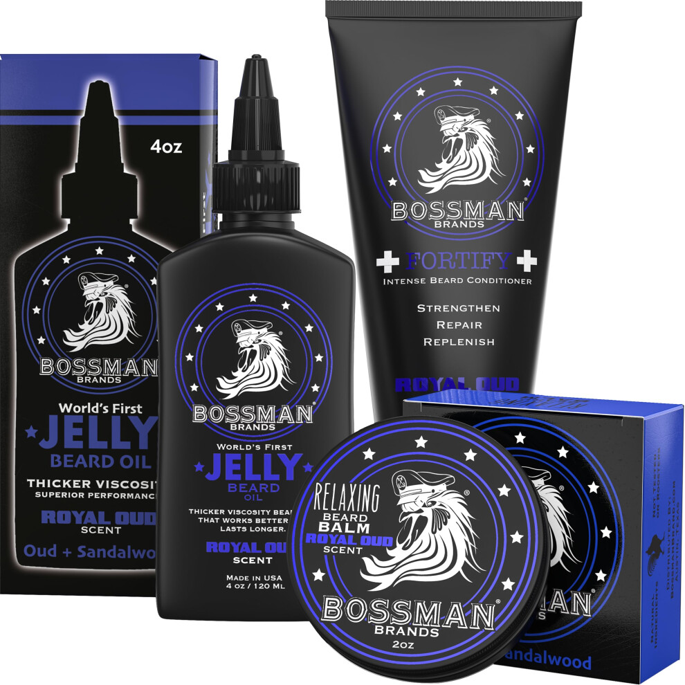 Bossman Essentials Beard Kit For Men - Beard Oil Jelly Fortifying Conditioner Cream Beard Balm - Grooming Growth Care Accessories (Royal Oud)