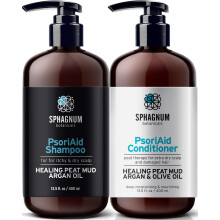 Sphagnum Botanicals Psoriasis Shampoo and Conditioner Set - Peat Mud Therapy for Red & Itchy Scalp with Argan and Olive Oil  No Coal Tar. For Bot
