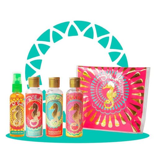 Mini kit de bronzeamento D'Luchi enriquecido com colgeno e vitamina E, cenoura, coco, amndoa, loo bronzeadora e loo corporal dourada, conju