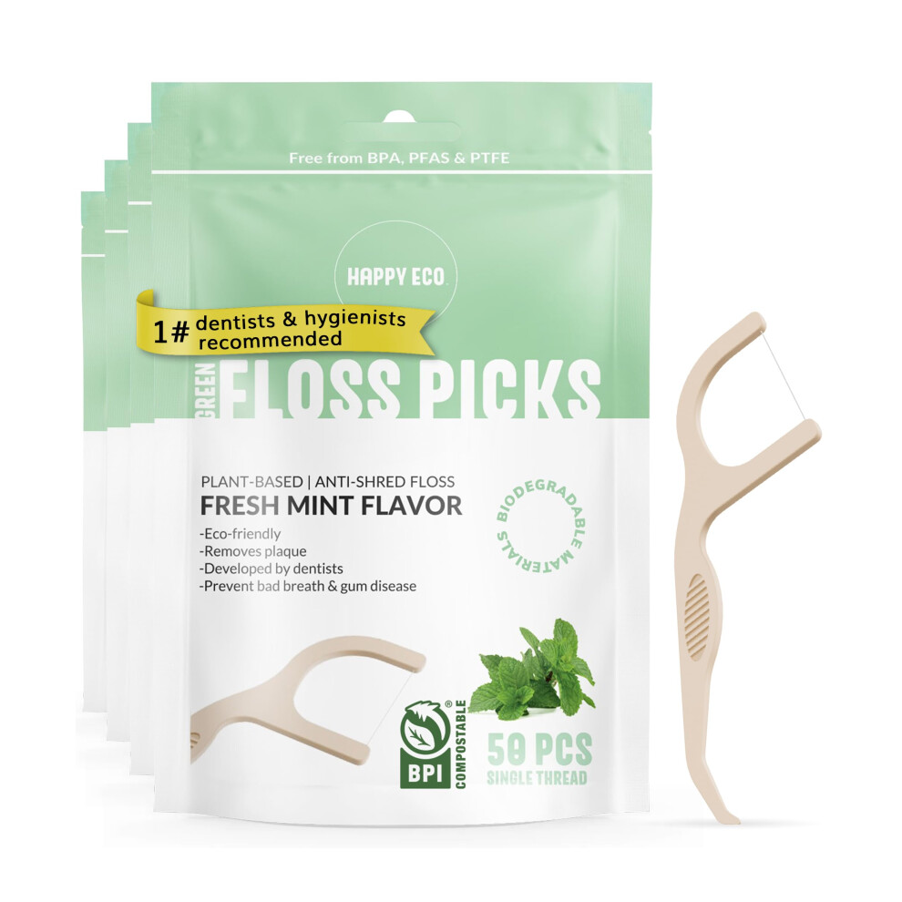 Frohes Ï¿½Ko Biodegradable Floss Picks (200Pcs) - Natural Vegan Sustainable Reusable Dental Floss - Shred Resistant And Nontoxic Plant-Based Material Denta