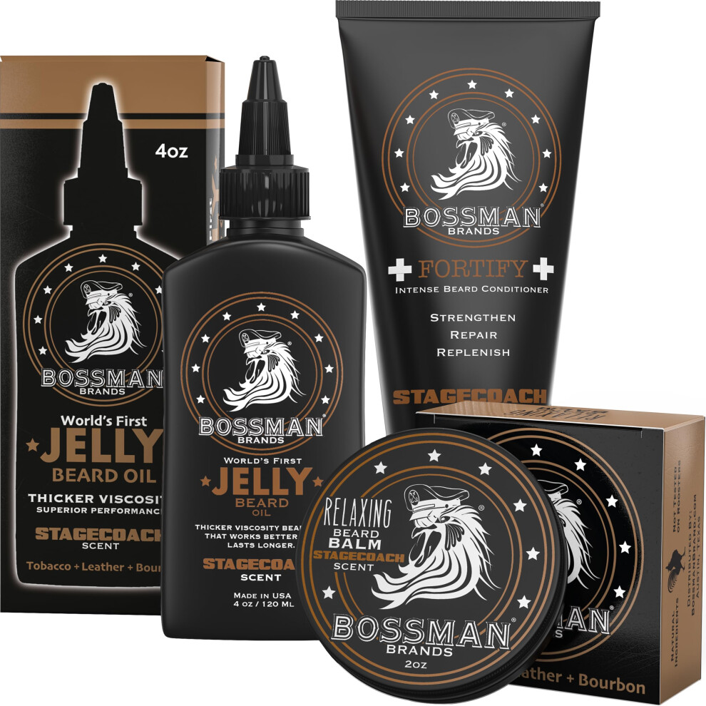 Bossman Essentials Beard Kit For Men - Beard Oil Jelly, Fortifying Conditioner Cream, Beard Balm - Grooming Growth Care Accessories (Stagecoach)