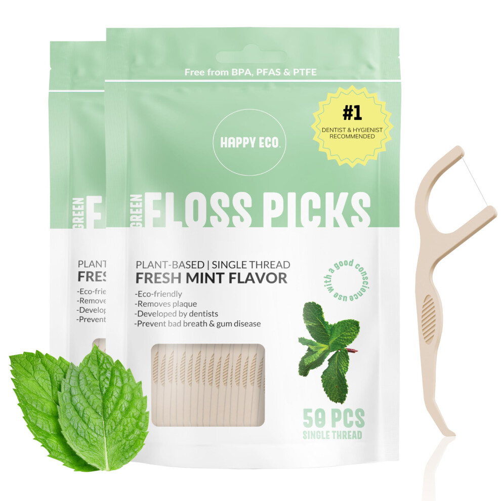 Frohes Ï¿½Ko Biodegradable Floss Picks (100Pcs) - Natural Vegan Sustainable Reusable Dental Floss - Shred Resistant And Nontoxic Plant-Based Material Denta