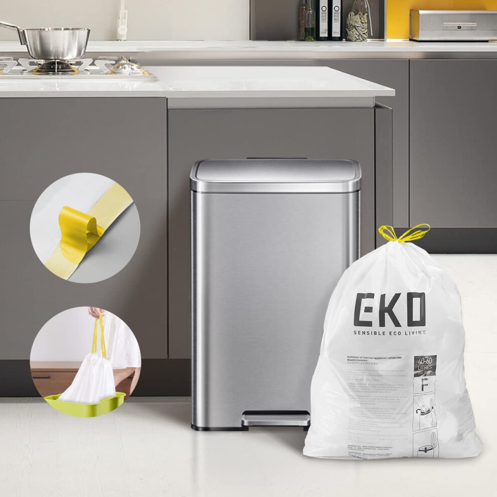 Eko Easy-Dispense Roll Of 60 Count Extra-Strong Drawstring Kitchen Trash Bags - 13 Gallon Garbage Bags (40L-60L) 1 Pack Code F