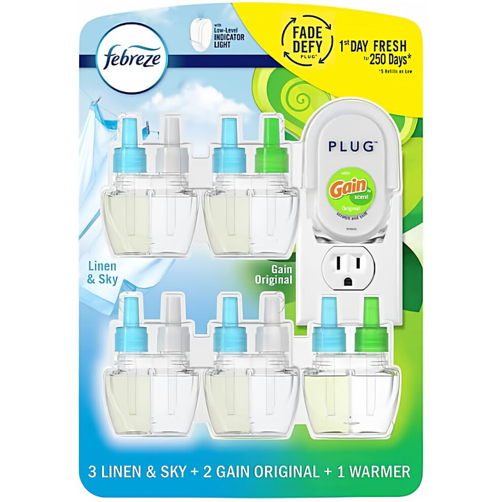 Febreze Plug in Air Fresheners  3 Linen & Sky & 2 Gain Original Scent  Odor Eliminator for Strong Odors  1 Warmer + 5 Oil Refills (Packaging May-image-OPC-PHXT8YC-NEW