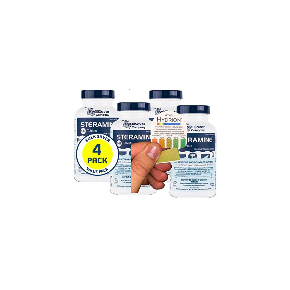 Pack of 4 Steramine Sanitizing Tablets w/ 30x QT-10 Test Strips Steramine Multi Purpose Contact Solution Sanitizer Tablets for Gym Hotel Bar