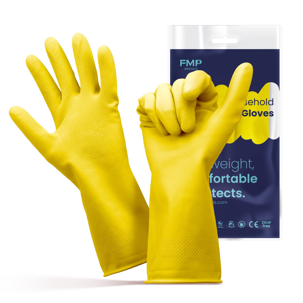 FMP Brands Yellow Small Latex Dish Gloves  3 Pairs  Non-Slip Design for Washing Dishes  Waterproof  Reusable  12 in Length  15 mil Thickness  Mul-image-OPC-PHXT969-NEW