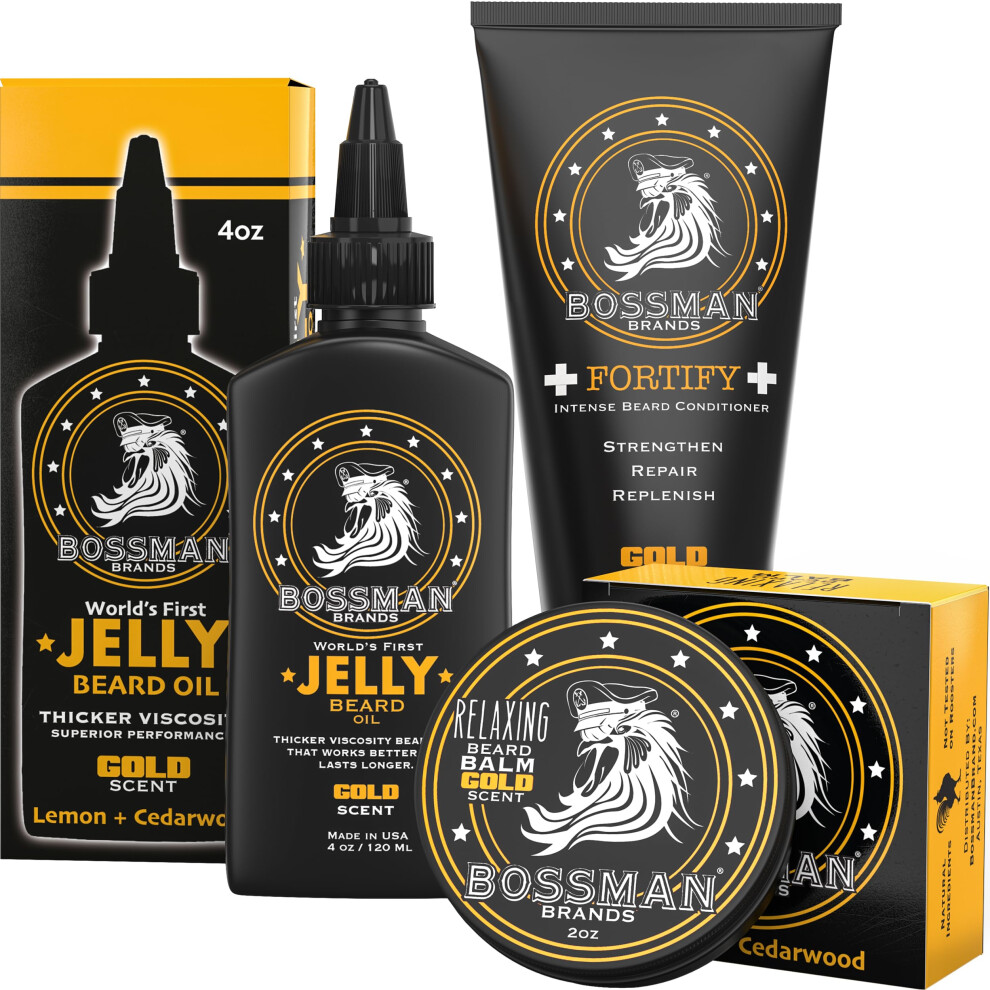 Bossman Essentials Beard Kit For Men - Beard Oil Jelly, Fortifying Conditioner Cream, Beard Balm - Grooming Growth Care Accessories (Gold)