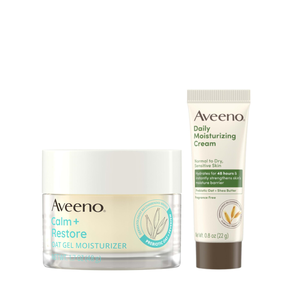 Aveeno Sensitive Skin Moisturizer Bundle  Calm + Restore Oat Gel Facial Moisturizer  1.7 oz  & Trial Size Daily Moisturizing Cream + Prebiotic Oa