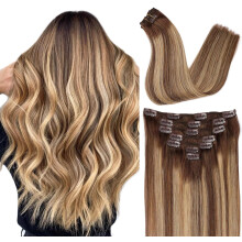 ORIGEN Clip in Hiustenpidennykset Real Remy Human Hair Suklaanruskeasta Karamelliblondiin Kohokohdat Suorat hiukset naisille 7 kpl 80g 12 tuumaa