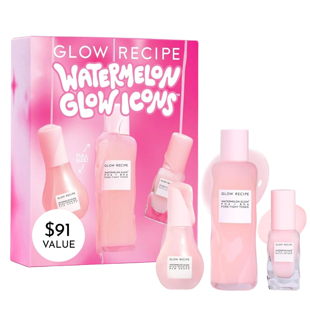 Glow Recipe Watermelon Glow Icons Skin Care Gift Set - Niacinamide Dew Drops Face Serum + PHA + BHA Pore Minimizing Toner with Hyaluronic Acid +