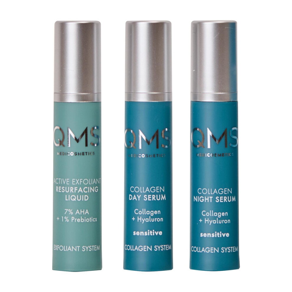 Qms Medicosmetics Day + Night Travel Size 3-Step Core Routine For Sensitive Skin - Includes Collagen Day Serum Collagen Night Serum + 7% Aha Exf