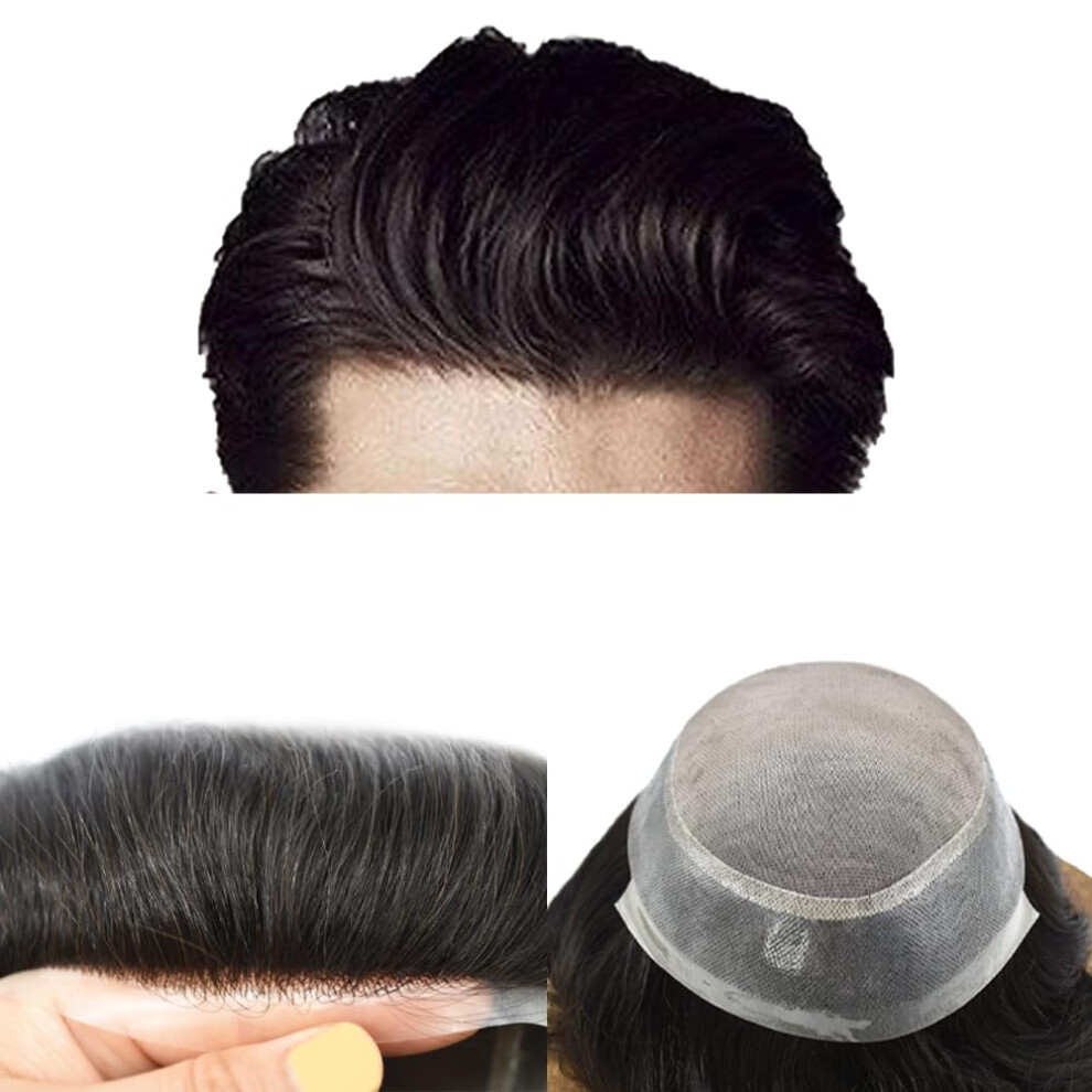Curve Hair Unisex Toupee For Men Hair System Replacement Mens Toupee Hairpiece Fine Mono Human Hair Piece Unit For Men Poly Skin Around Monofilament Mens Wigs (8''