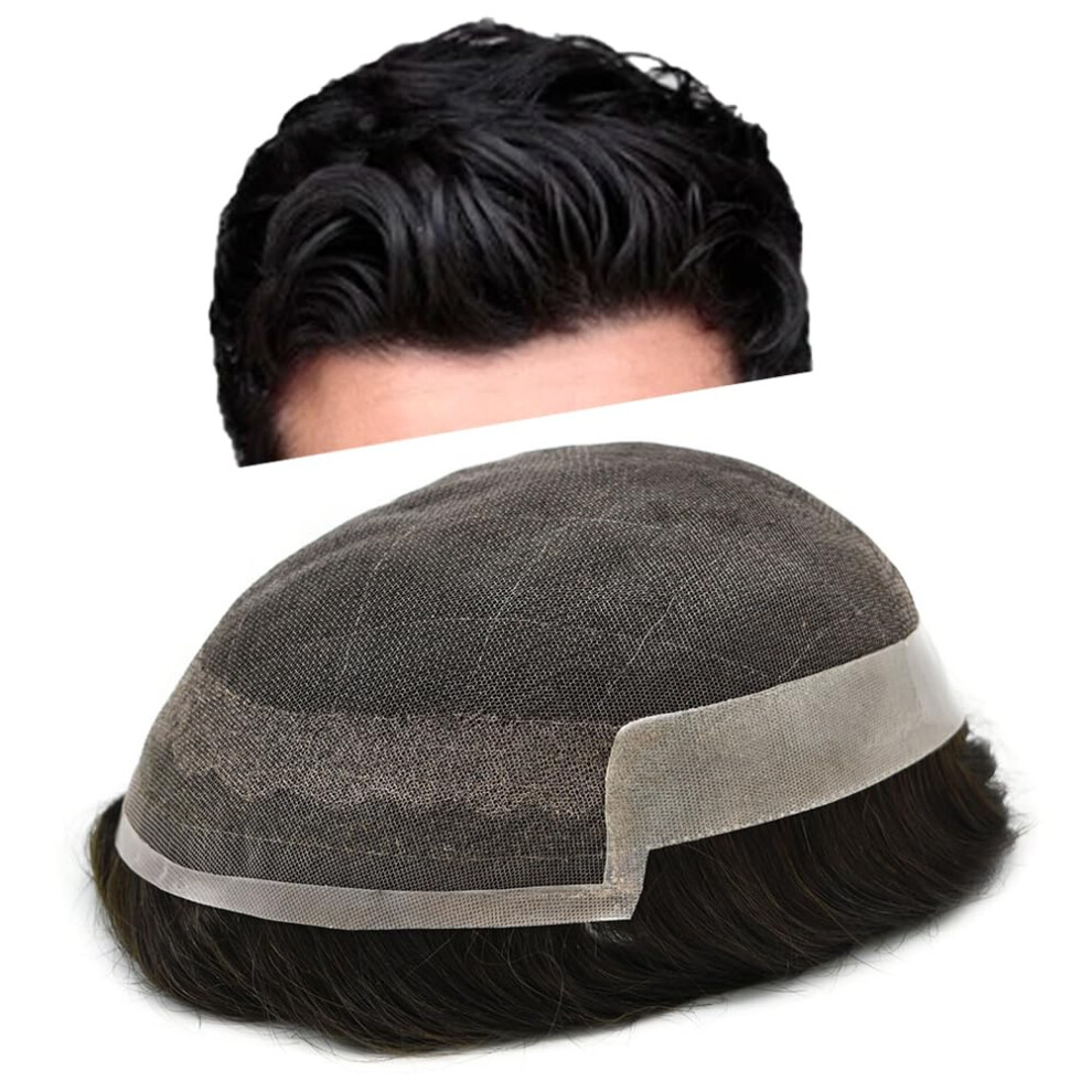 Curve Hair Unisex Black Mens Toupee Wigs Human Hair Replacement Lace Wig For Men (#1B Off 7''X9'')