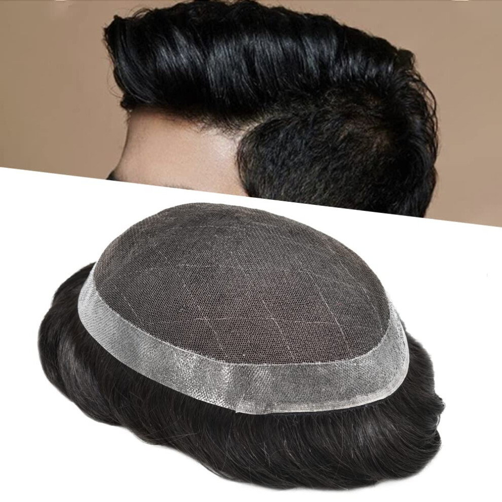 Curve Hair Unisex Black Toupee For Men Hairpieces French Lace Mens Toupee Human Hair Replacement System Male Hair Unit Wigs (7''X9'' #1B Off )