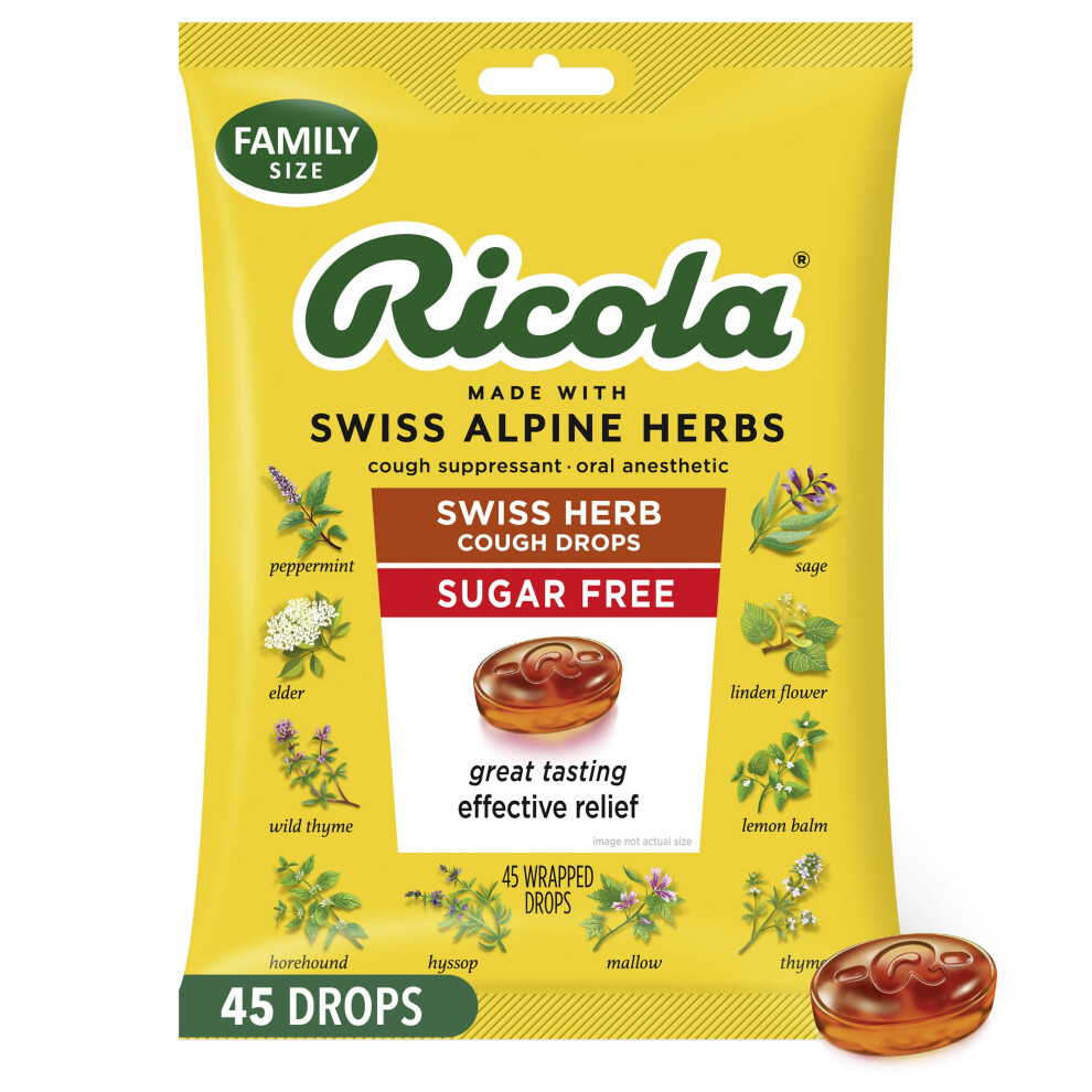 Ricola Sugar Free Swiss Herb Cough Drops 45 Count Cough Suppressant & Throat Relieving Drops With Naturally Sourced Menthol Pleasing Taste For