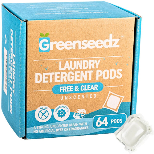 Detergente para a roupa, cpsulas livres e transparentes, sem cheiro, 64 contagens, ecolgico, biodegradvel, compatvel com HE, poderosa remoo