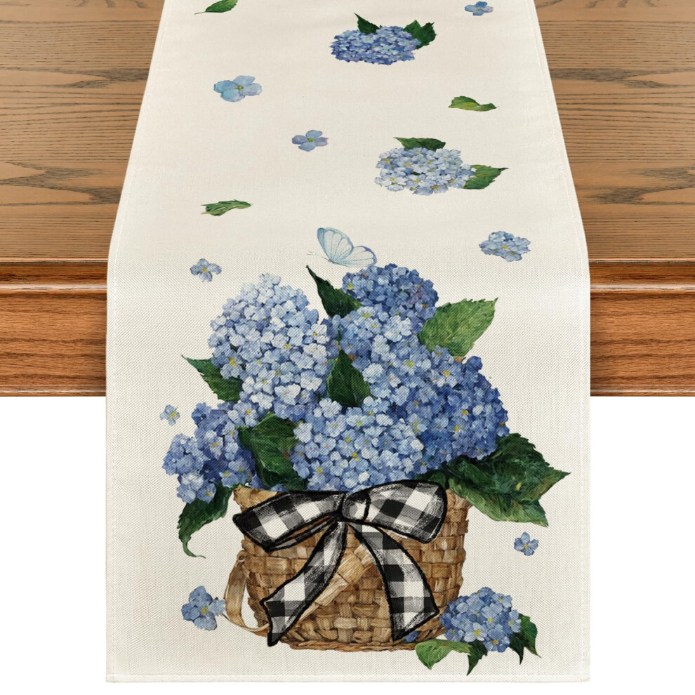 Hydrangea Flower Basket Bow Tie Summer Table Runner, Seasonal Spring Kitchen Dining Table Decoration for Home Party Decor 13x72 Inch-image-OPC-PHXTCBF-NEW