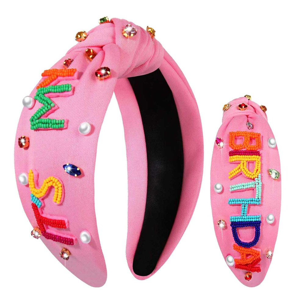 Yahpern Geburtstags-Stirnband Fr Frauen, Mit Perlen Besetzt, It's My Birthday, Geknotetes Stirnband, Verziert Mit Strasssteinen Und Kristallen-image