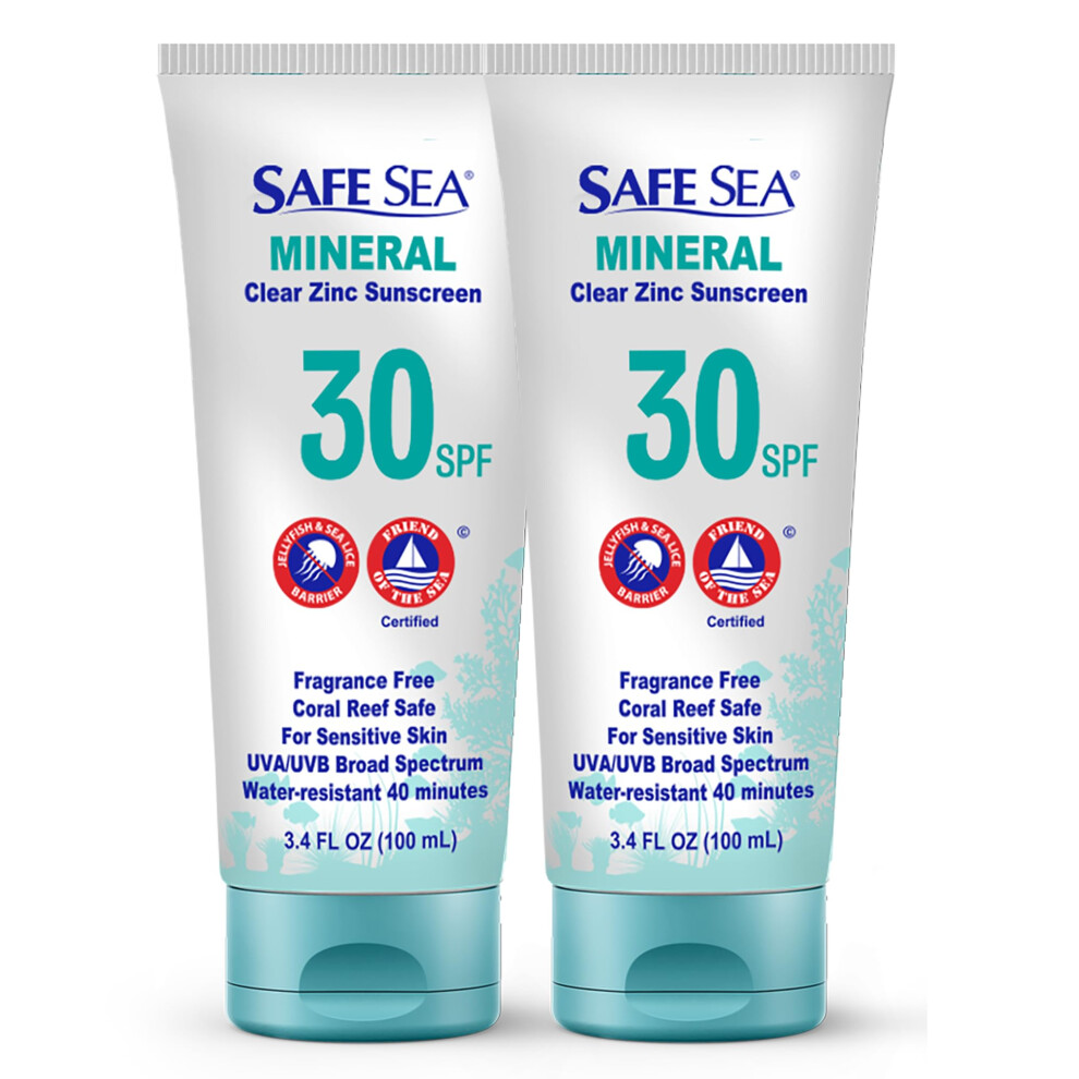 Safe Sea White Zinc Oxide Sunscreen Spf30 | Clear Mineral Face And Body Sunscreen Without Cast | Anti-Jellyfish Sting Protective Lotion | 3.4Oz (